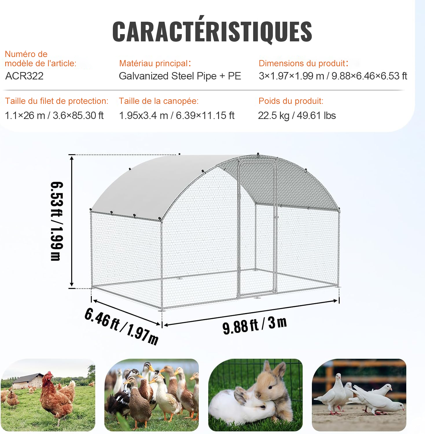 Convient aux enclos à poules dôme de 6 à 12 mètres carrés