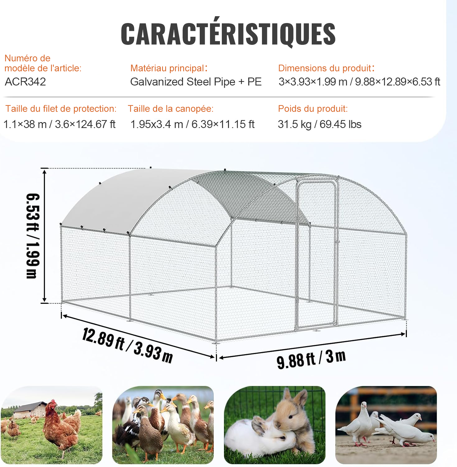 Convient aux enclos à poules dôme de 6 à 12 mètres carrés